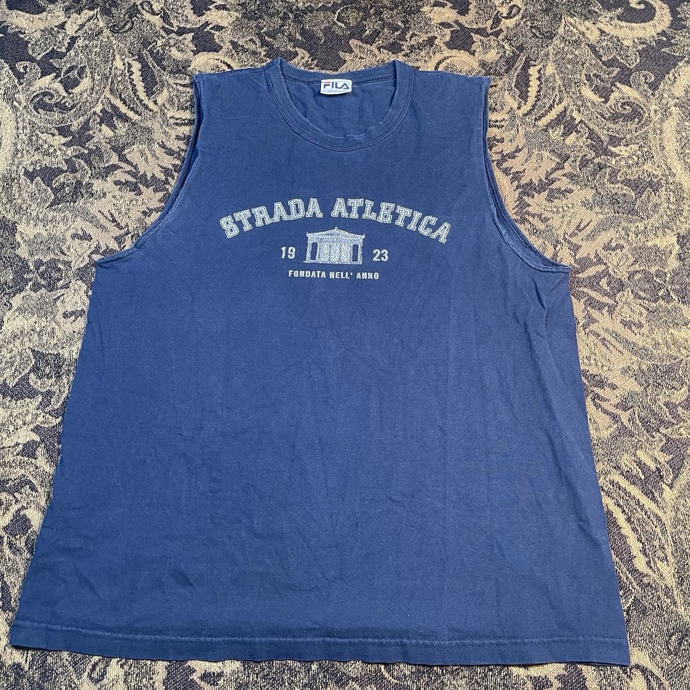 Vintage 90's FILA Strada Atletica Tank Top T-Shirt Men's Large Navy Blue